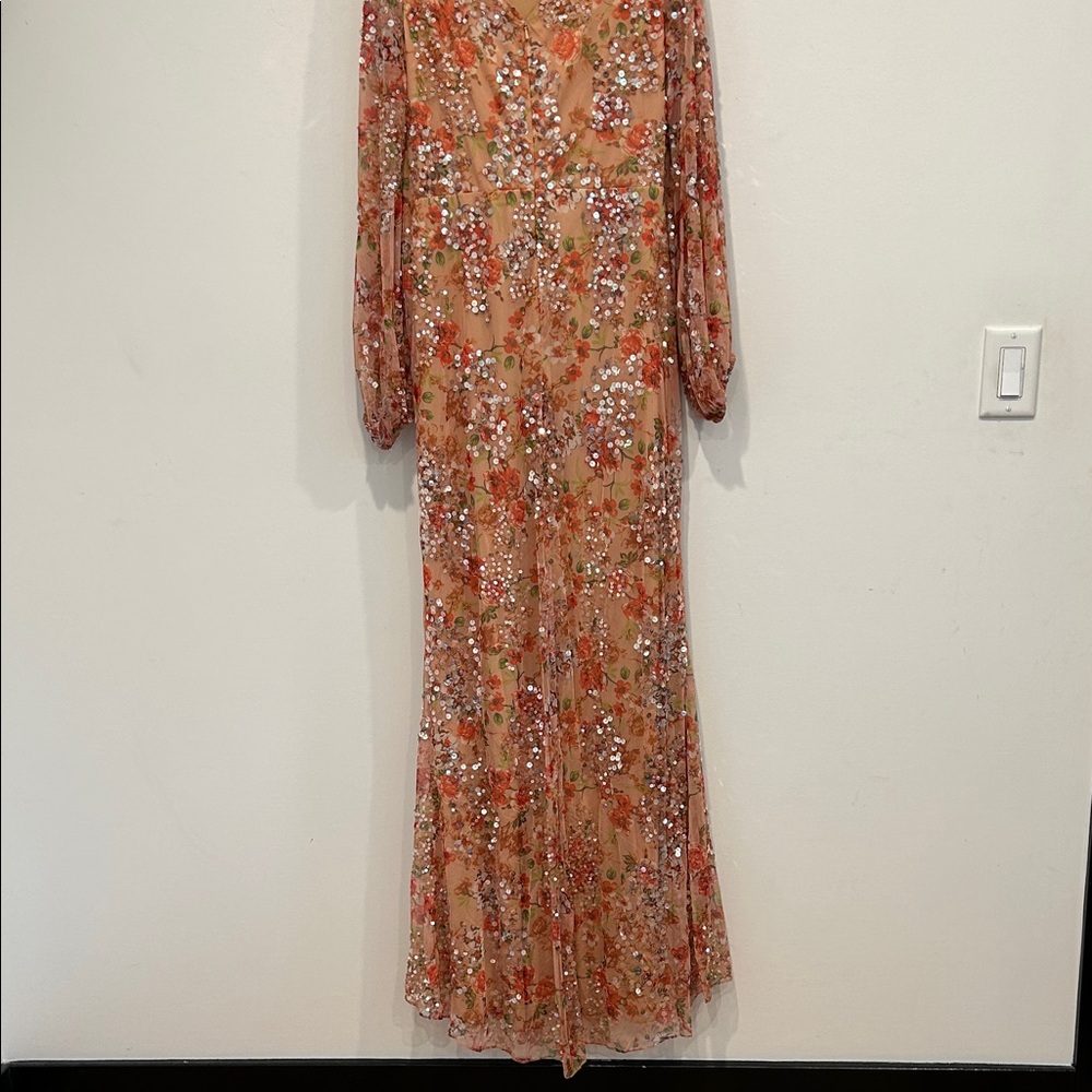 Mac Duggal Floral Maxi Long Sleeve Dress in apricot & sequin size 12 new women’s - Picture 9 of 12